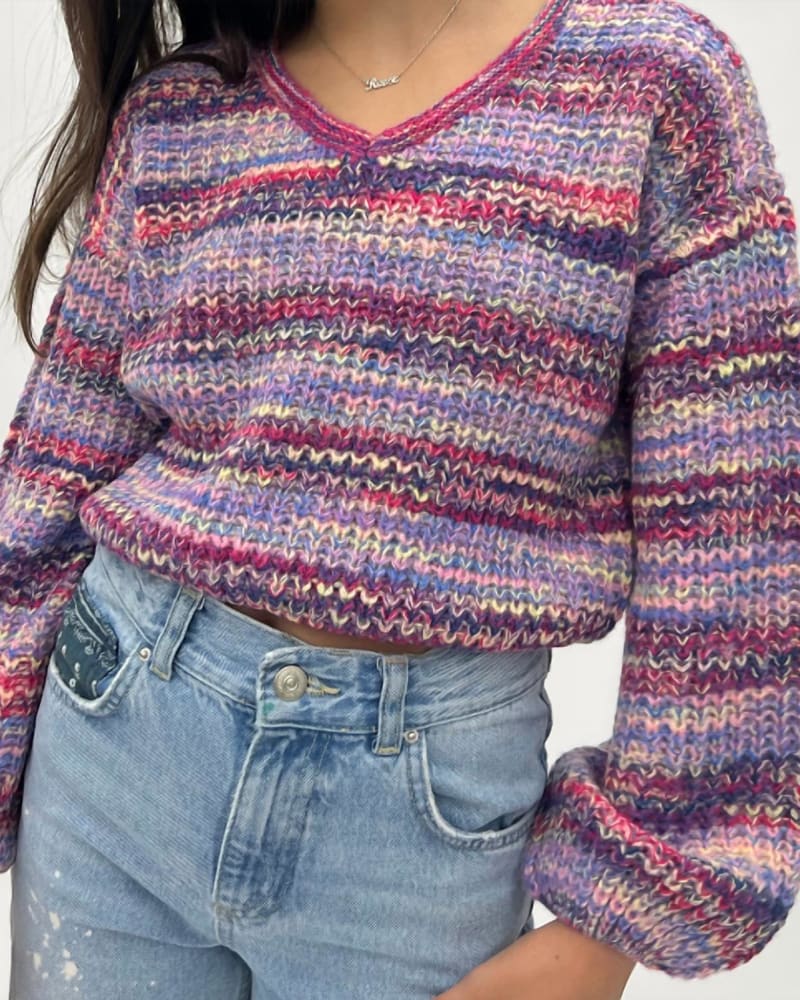 Front of a model wearing a size L Girls Space Dye Stripe Sweater in Lucky Lavender Combo in Lucky Lavender Combo by DESIGN HISTORY. | dia_product_style_image_id:334004